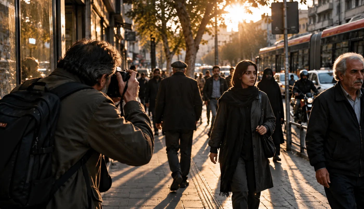 عکاس خیابانی در نور طلایی شهر هنگام ثبت سوژه متحرک