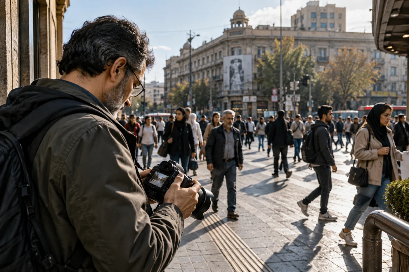 عکاس در حال بررسی تنظیمات دوربین در خیابان شلوغ
