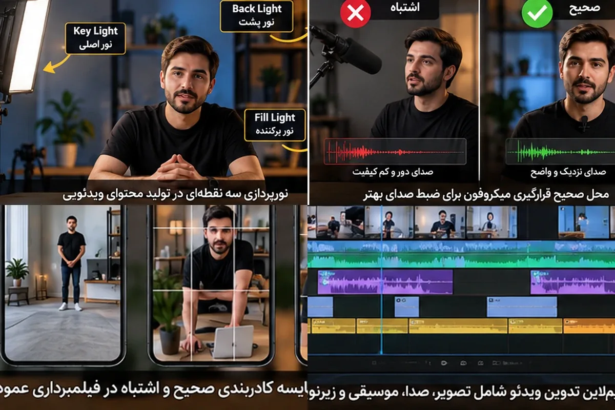نورپردازی، صدابرداری، کادربندی و تدوین در تولید محتوای ویدئویی